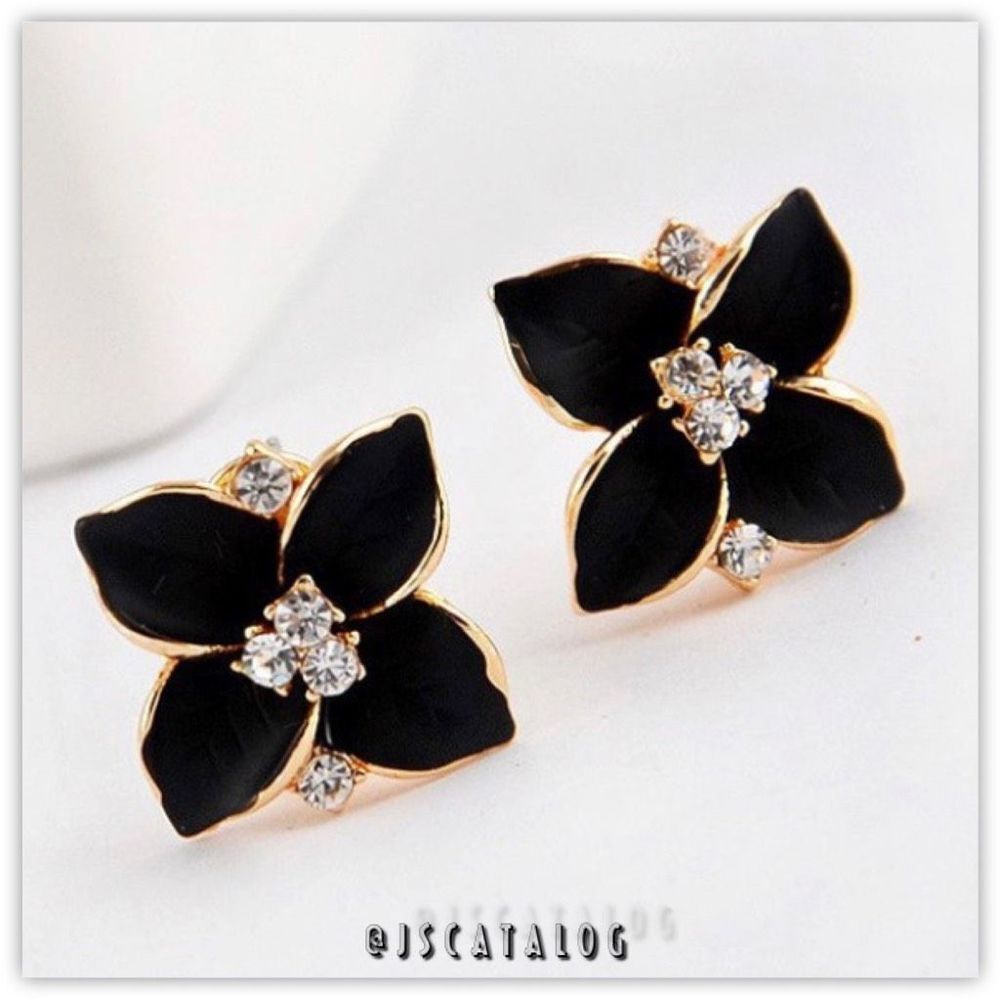 Matte Black on Gold Flower Earrings